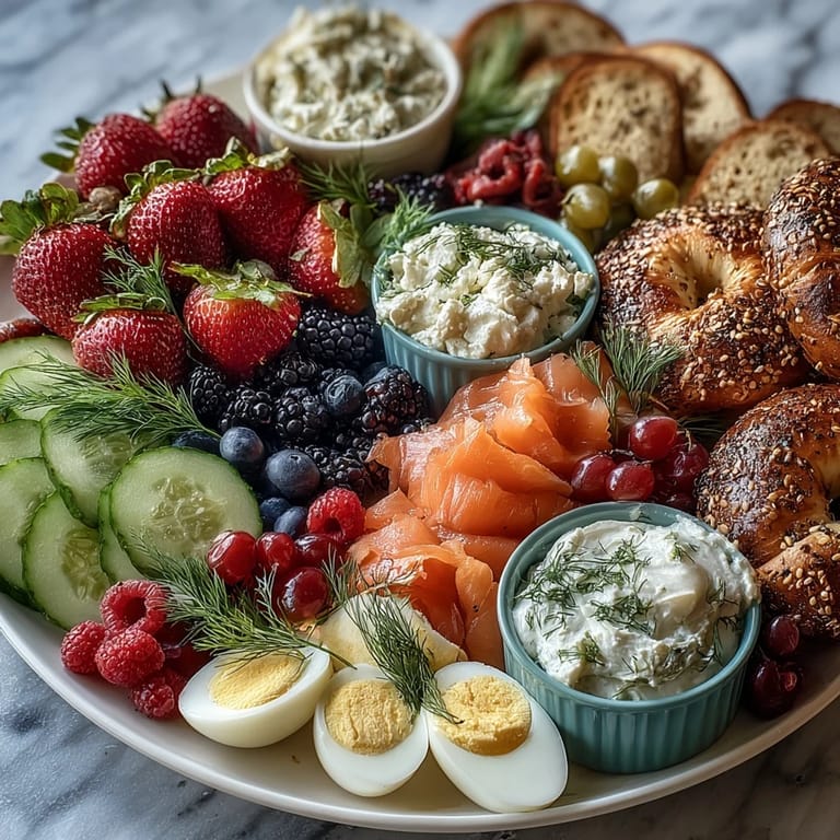 Celebrate friendship with a colorful Galentines brunch board featuring assorted bagels, smoked salmon, and seasonal berries.  