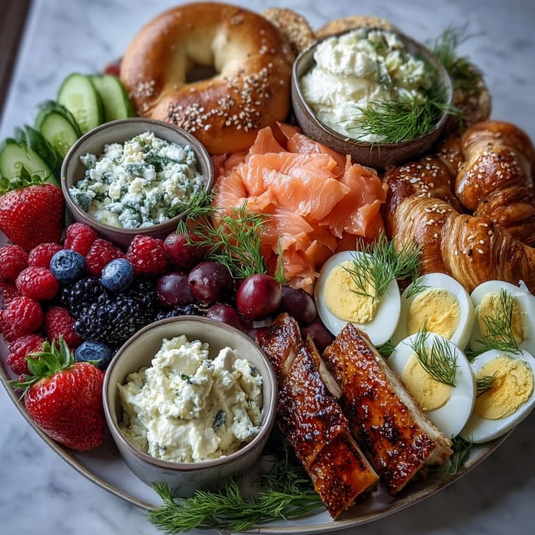 A festive Galentines brunch board showcasing lox, cream cheese, fresh berries, and sliced veggies for a perfect gathering.