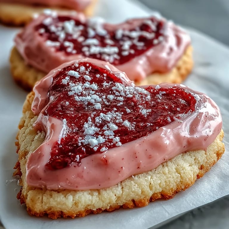 Delicate sugar cookies in romantic shapes topped with vibrant pink strawberry icing, ideal for sharing with loved ones.