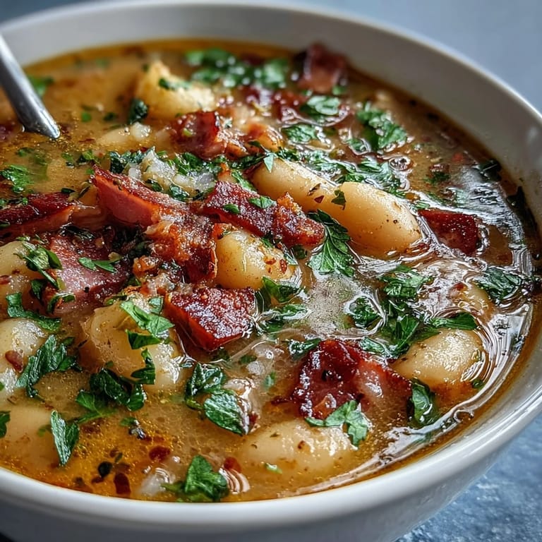 Rich and savory bean soup featuring smoky ham, creamy potatoes, and aromatic vegetables in a flavorful broth—ideal for cozy winter meals.  