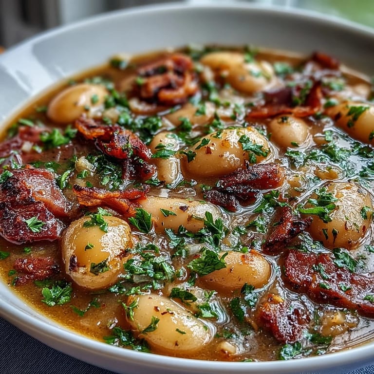 Close-up of rustic bean soup with diced ham and potatoes, showcasing hearty textures and inviting steam rising from the bowl.