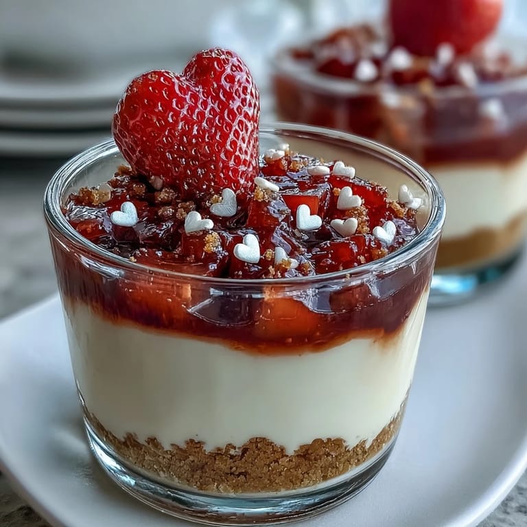 Layered no-bake cheesecake cups with graham cracker crust, whipped cream filling, and macerated strawberries in elegant serving glasses.