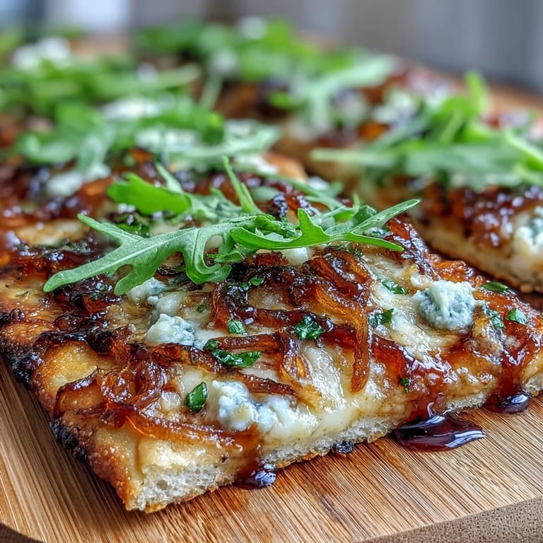 Gourmet flatbread pizza featuring sweet caramelized onions, creamy cheeses, and fresh arugula, finished with a tangy balsamic reduction for an elegant appetizer.