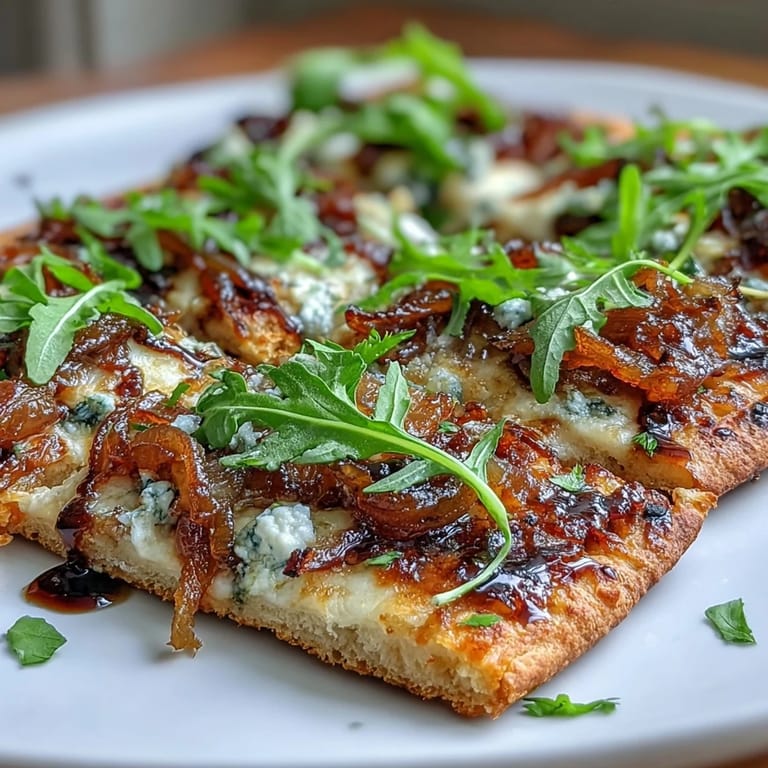 Crispy flatbread layered with rich caramelized onions, melted mozzarella, tangy goat cheese, and vibrant arugula, drizzled with balsamic glaze for a savory vegetarian meal.
