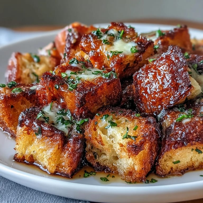Golden sourdough cubes baked with garlic and herbs, ideal for topping classic French onion soup with Gruyère.  