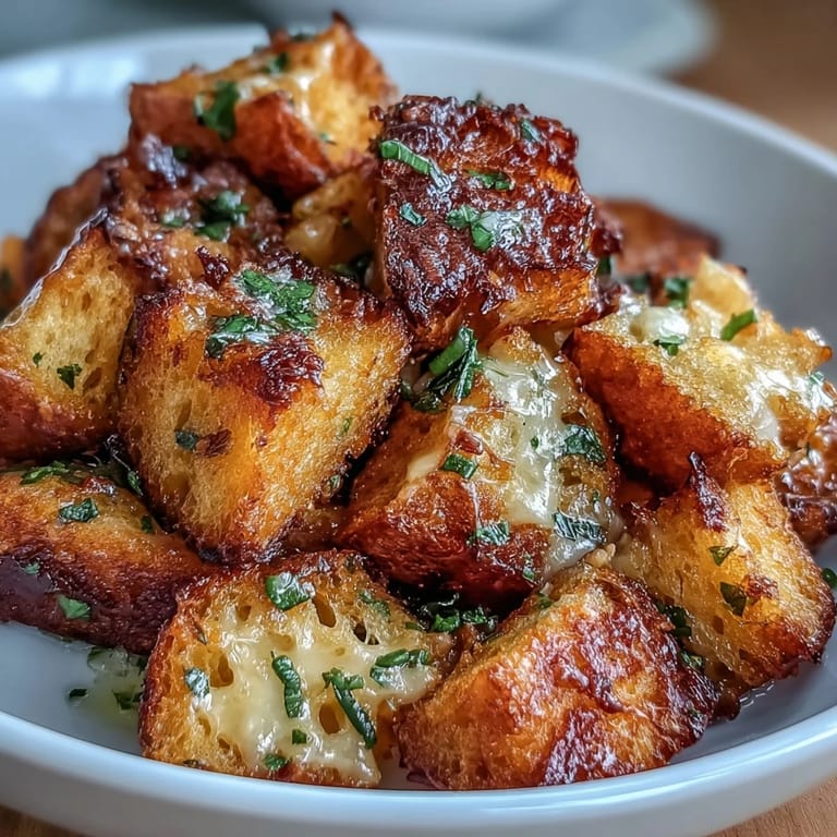 Crunchy sourdough croutons with melted cheese, enhancing every spoonful of rich, savory French onion soup.