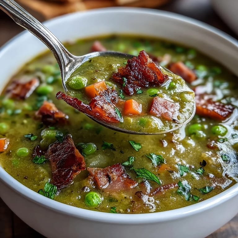 Rich and creamy split pea soup with diced ham and sweet carrots, served in a rustic bowl with crusty bread on the side.