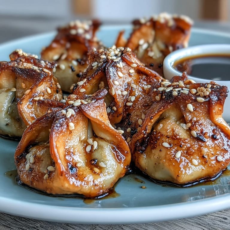 Juicy ground chicken filling inside pleated dumplings, air-fried until crunchy and served with tangy sesame soy sauce.  