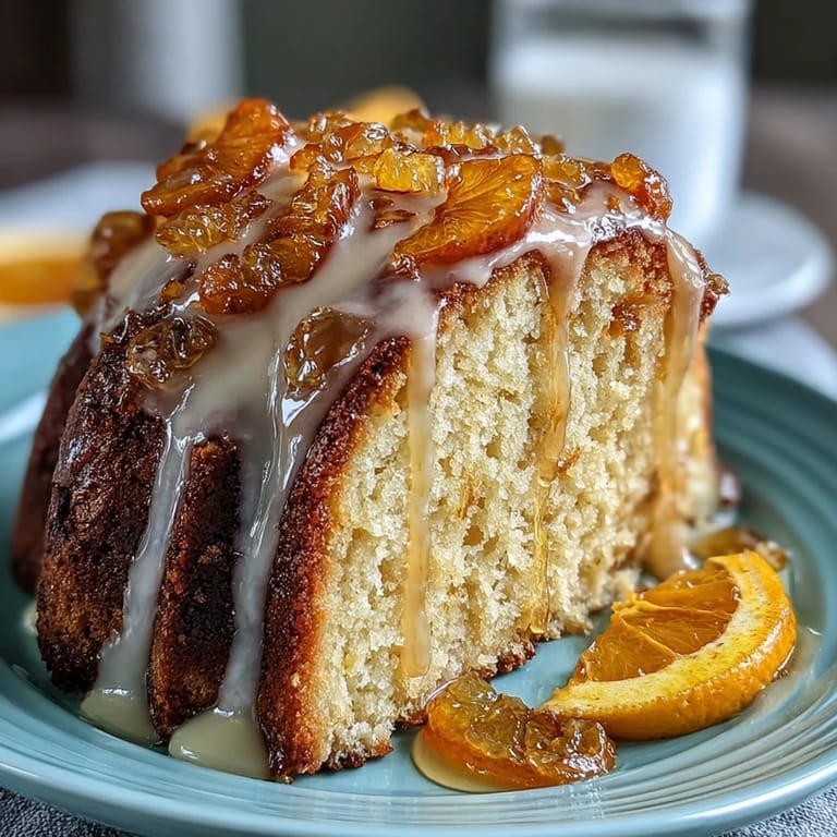 Fragrant Mediterranean cake featuring homemade candied oranges, drizzled with bright citrus glaze for a stunning presentation.  