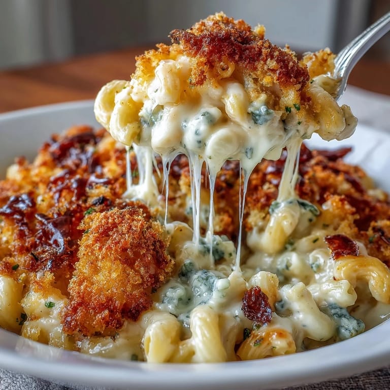 Decadent four-cheese macaroni bake with bubbling cheddar, Gouda, mozzarella, and blue cheese, served hot from the oven.