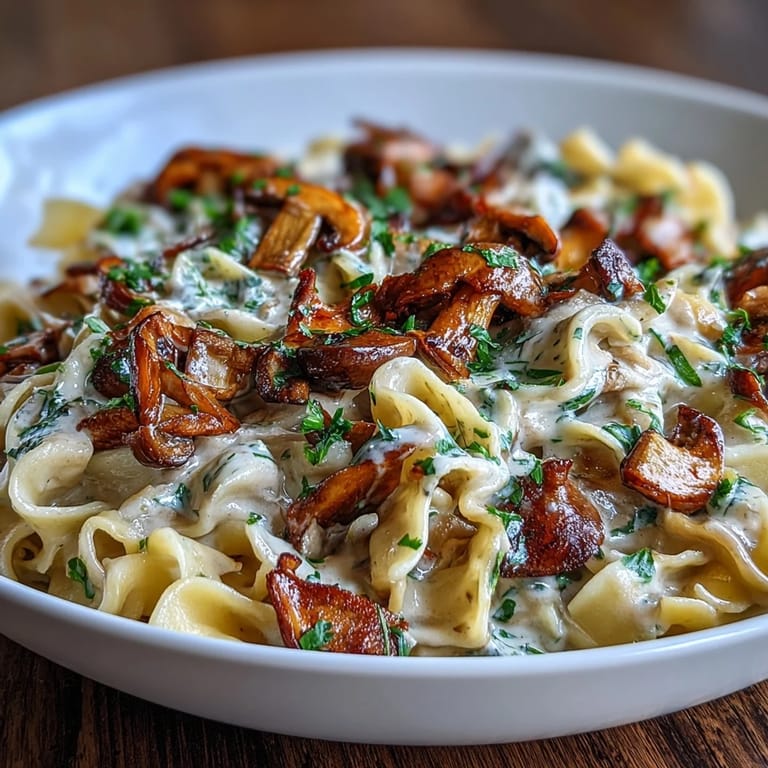 Hearty vegetarian stroganoff featuring mushrooms and onions in a paprika-spiced cream sauce over wide egg noodles.