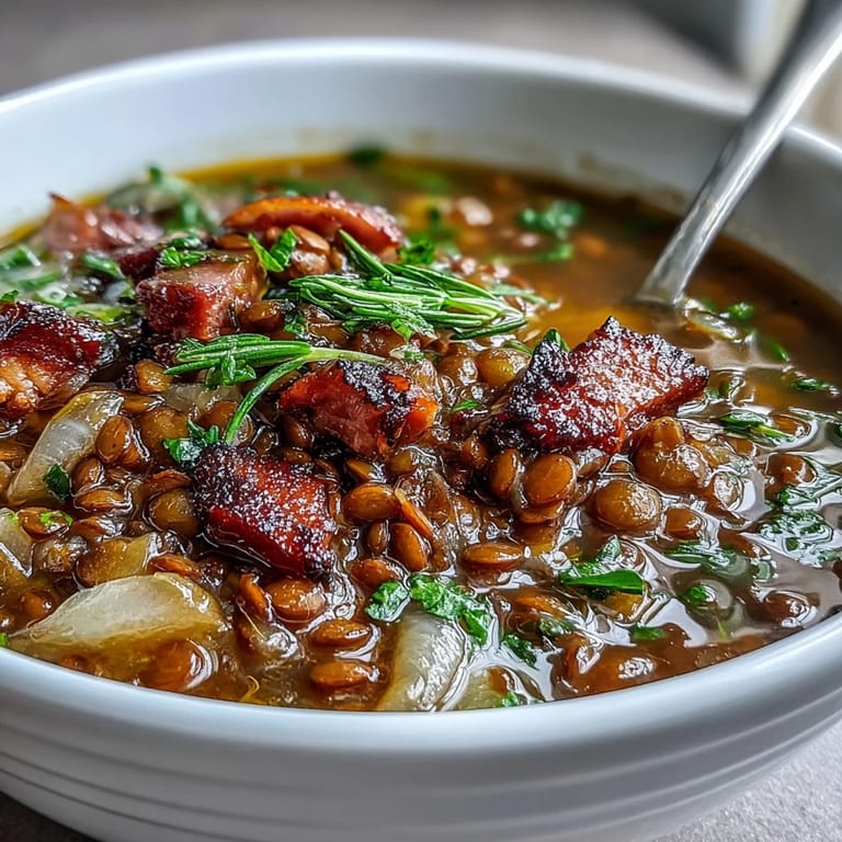 Comforting bowl of ham, onion, and lentil stew, rich with savory broth and fresh parsley garnish.