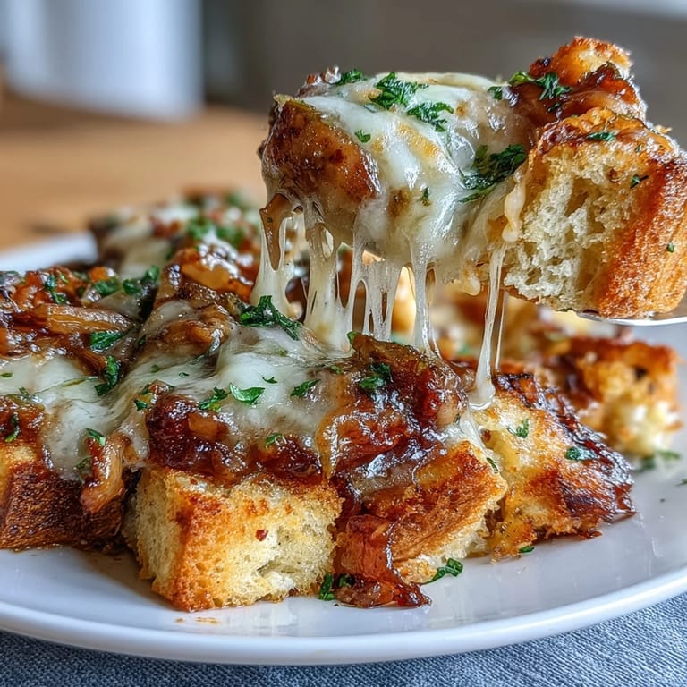Baked chicken thighs in savory French onion sauce, topped with crispy sourdough cubes and a golden layer of melted Gruyère cheese.