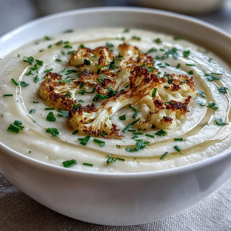 Silky pureed cauliflower and onion soup, blended to perfection with a hint of nutmeg and fresh herbs.