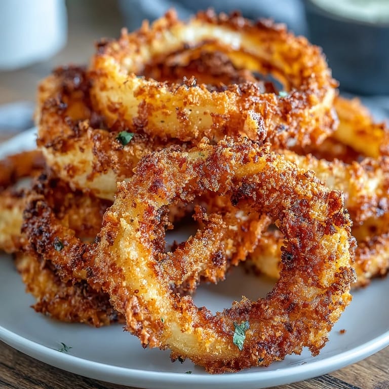 Oven-baked onion rings with a crunchy panko coating, served alongside a rich, smoky paprika and sour cream dip.