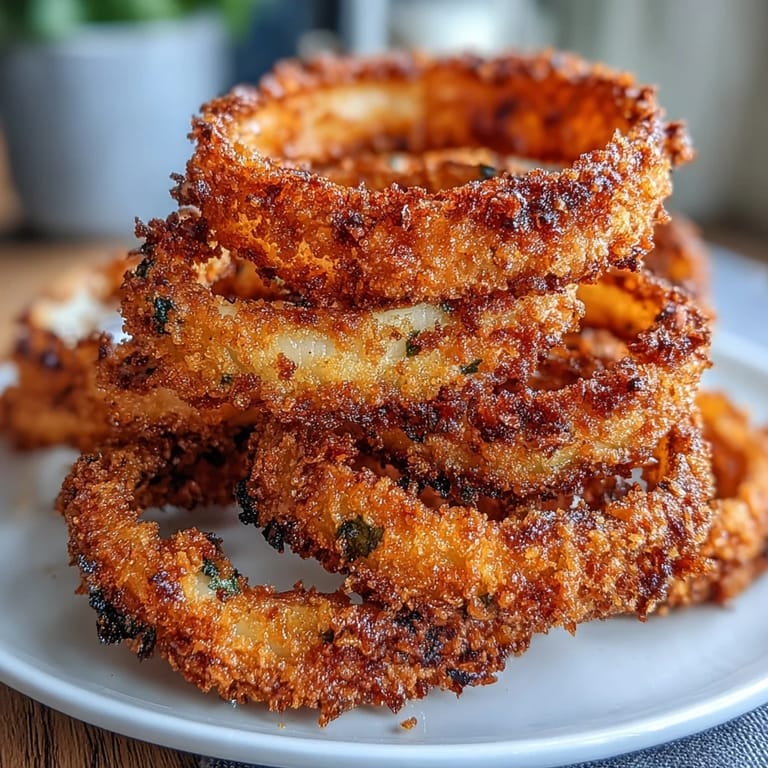 Golden-brown onion rings baked until crisp, paired with a smoky, garlicky paprika dip for a flavorful appetizer.  