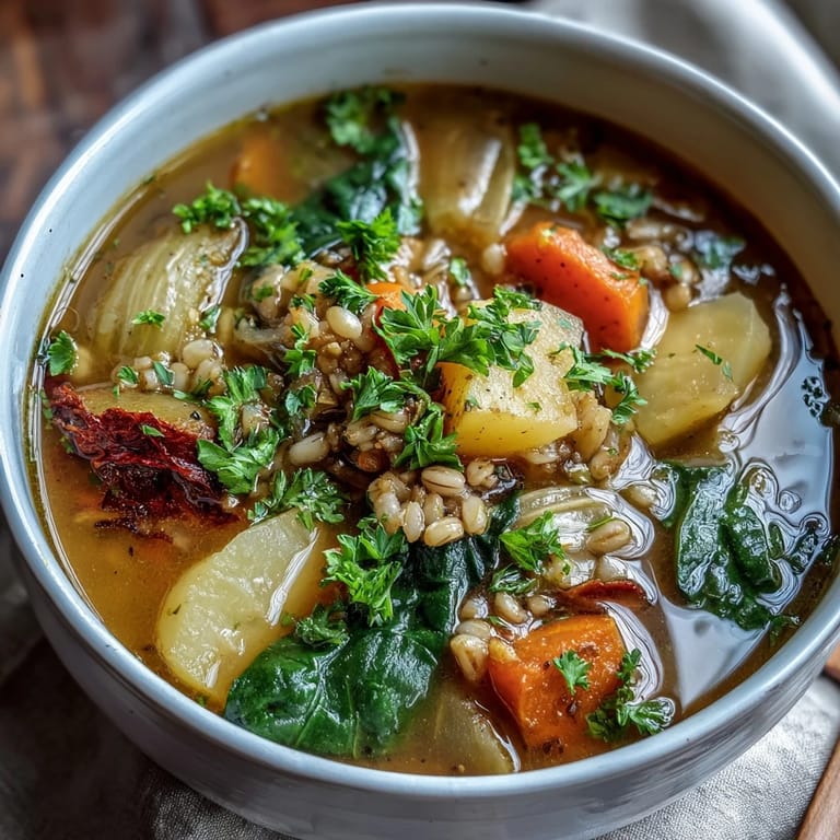 Hearty barley and seasonal vegetables create a nourishing winter-to-spring soup, perfect for chilly evenings and fresh beginnings.  