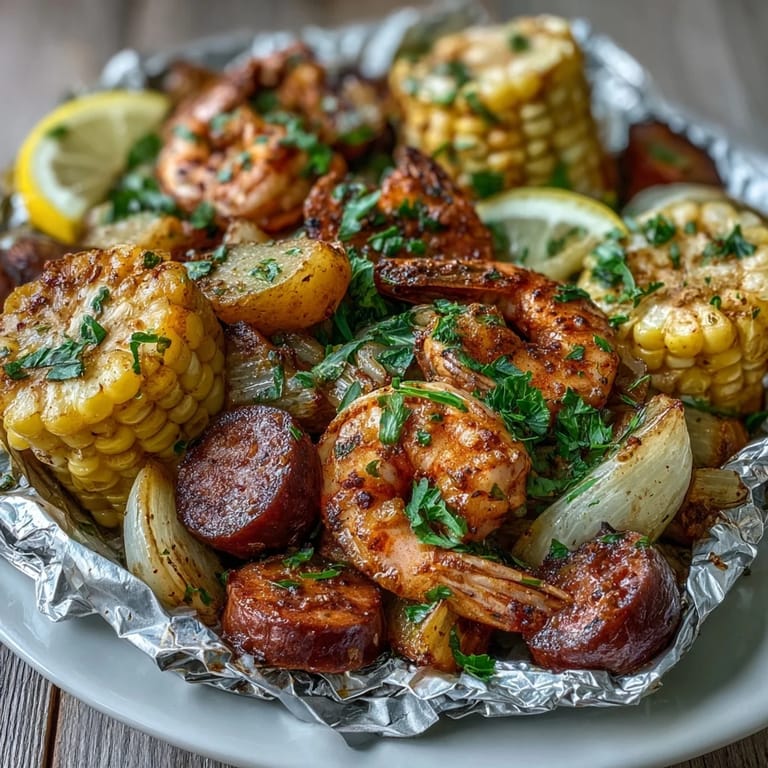 Flavorful Cajun-style onion boil shrimp and sausage foil packets featuring smoky sausage, succulent shrimp, and hearty potatoes, grilled or baked.