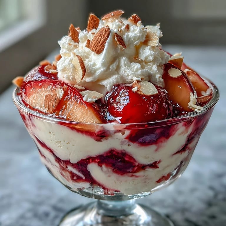 Close-up of layered Peach Melba cups with vibrant raspberry drizzle and fresh mint.