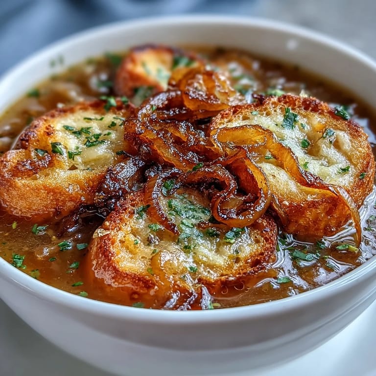 Aromatic French-inspired roasted garlic soup with buttery croutons, perfect for chilly evenings and cozy meals.