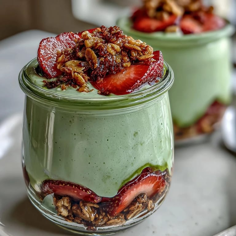 Layered parfait featuring matcha green tea yogurt, sliced strawberries, and golden granola in a clear glass for breakfast.