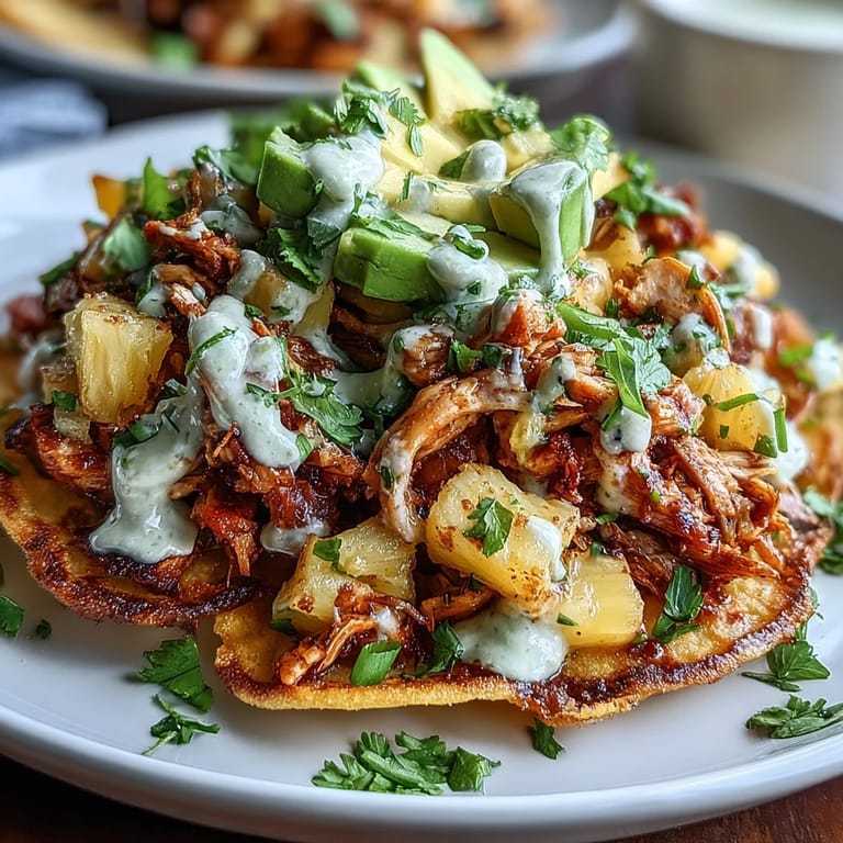 Crunchy tostada shells loaded with spiced chicken, vibrant pineapple salsa, and smooth lime crema for a fresh meal.