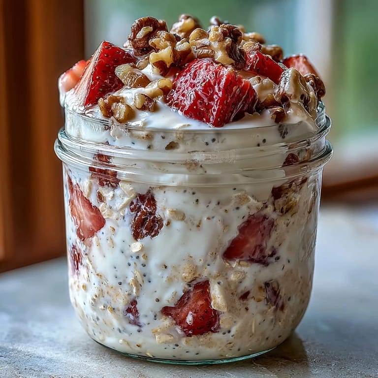 Wholesome overnight oats with strawberries, banana, and walnuts, topped with extra fruit and nuts for a nutritious and delicious morning meal.