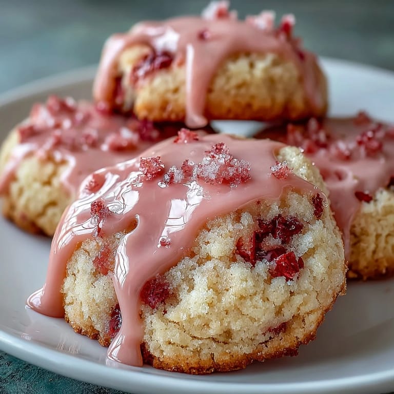 Homemade strawberry sugar cookies with luscious pink glaze, capturing the essence of ripe berries in every bite for a festive treat.
