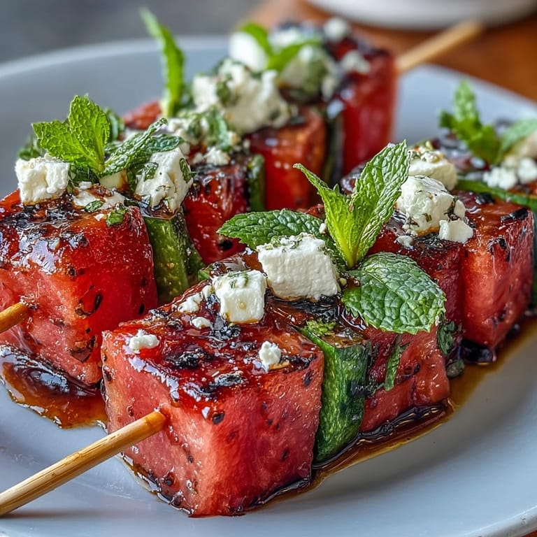 Colorful watermelon feta salad skewers featuring juicy fruit, creamy cheese, and mint leaves, perfect for outdoor parties and picnics.  