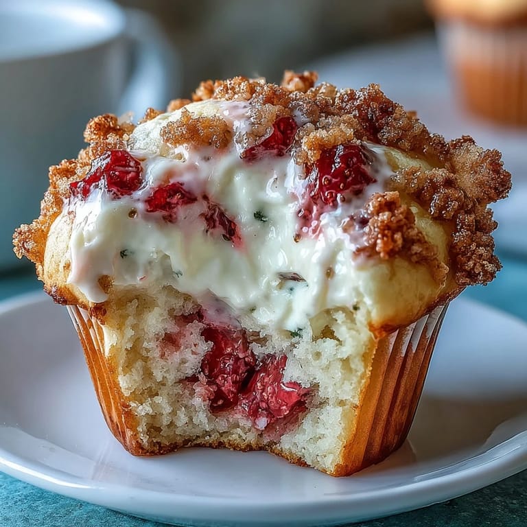Soft, fluffy muffins filled with juicy strawberries and rich cream cheese, perfect for a sweet breakfast treat.