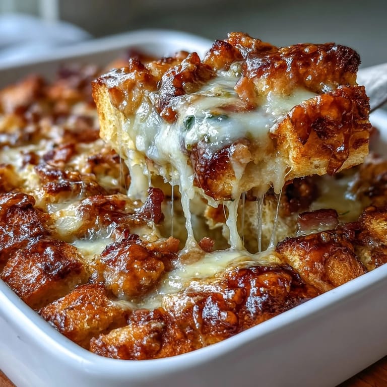 Golden ham and cheese croissant breakfast casserole with layers of flaky croissants, diced ham, and Swiss cheese in creamy egg custard.  