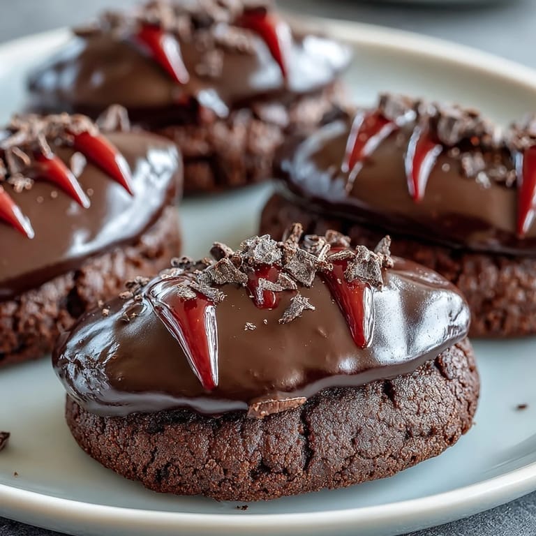 Rich dark chocolate cookies decorated with candy fangs and red gel icing for a vampire-inspired dessert.  