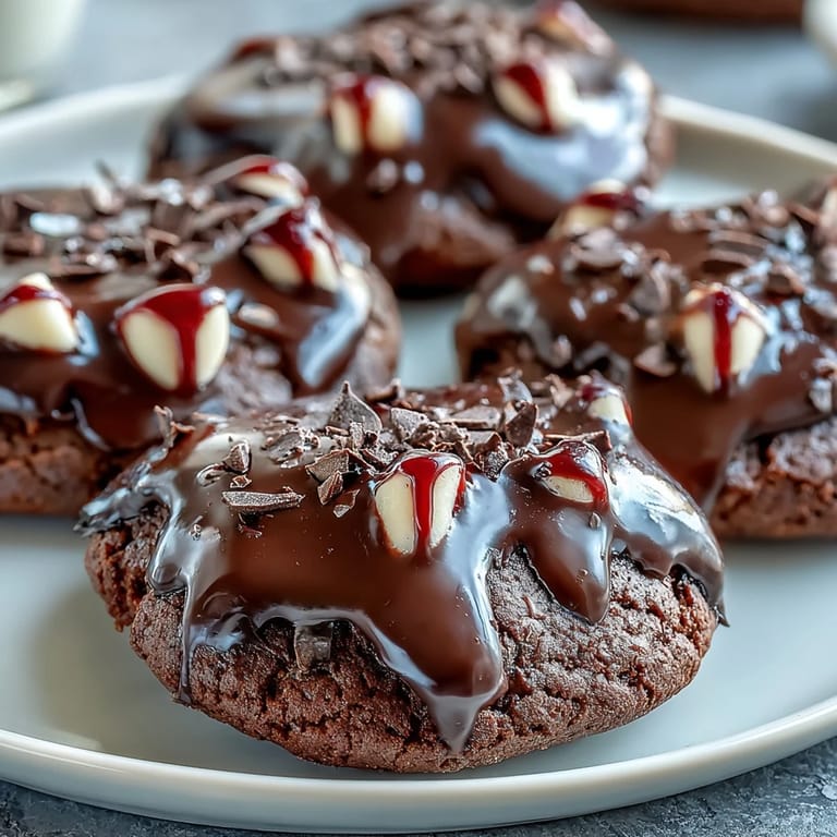 Decadent chocolate cookies with playful candy fangs and bloody red icing, perfect for Halloween parties.