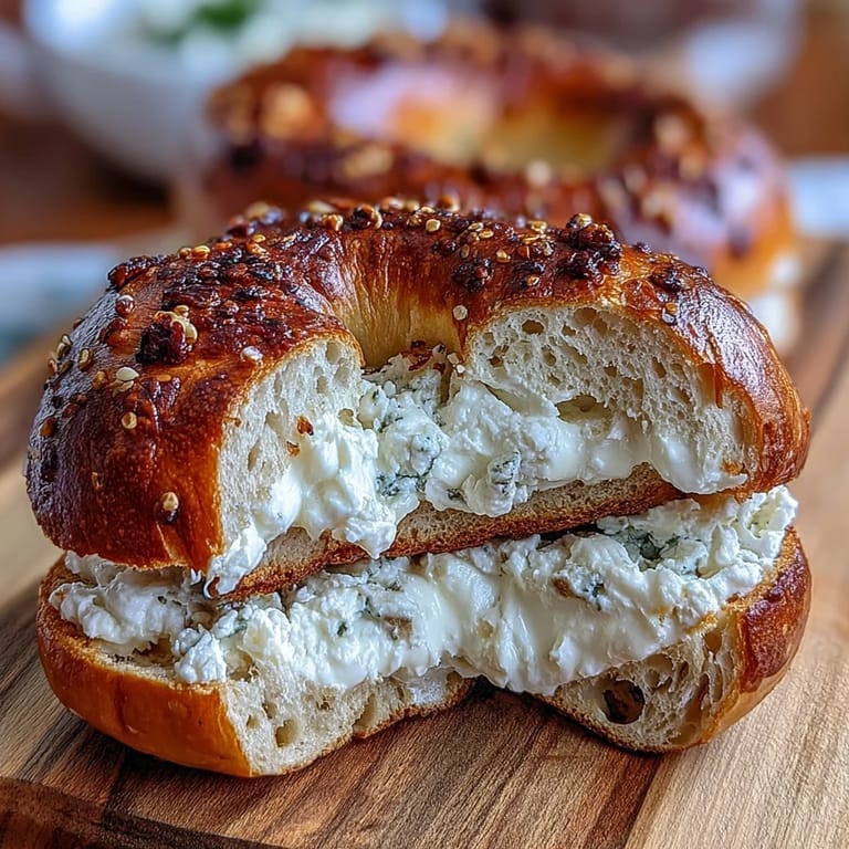 High-protein cottage cheese bagels with chewy texture, brushed with egg wash and sprinkled with sesame seeds.