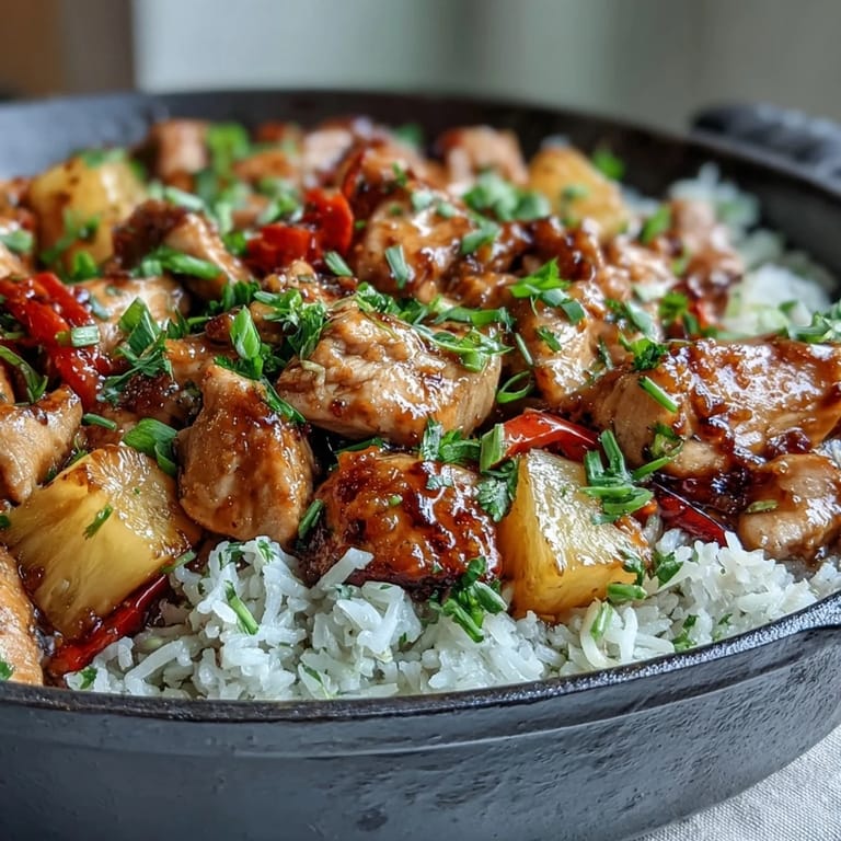 One-pan pineapple chicken and rice skillet with vibrant bell peppers, fresh pineapple, and a glossy Asian-inspired glaze.