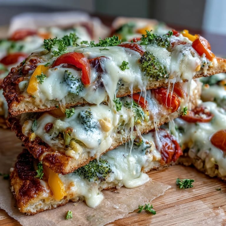 Festive St. Patrick's Day flatbread pizza loaded with fresh vegetables arranged in a rainbow pattern.