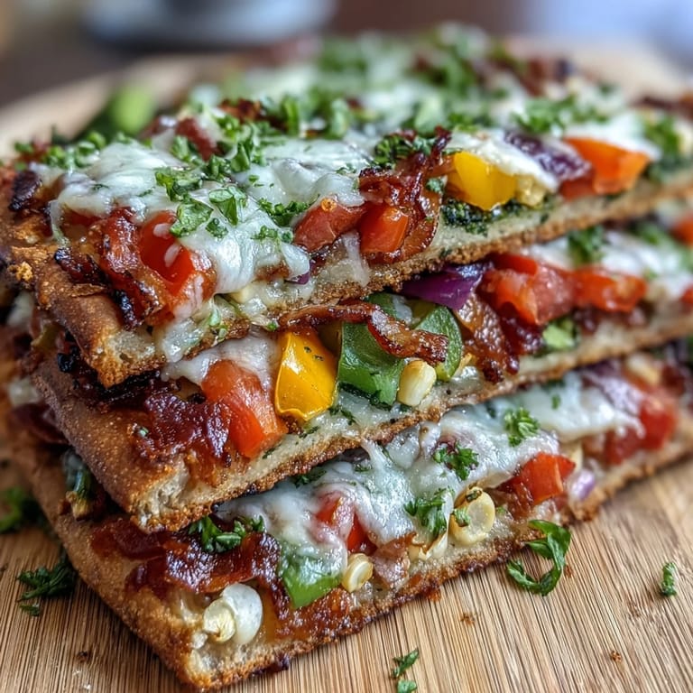 Cheesy rainbow vegetable flatbread pizza baked until bubbly, perfect for celebrating St. Patrick's Day or any party.