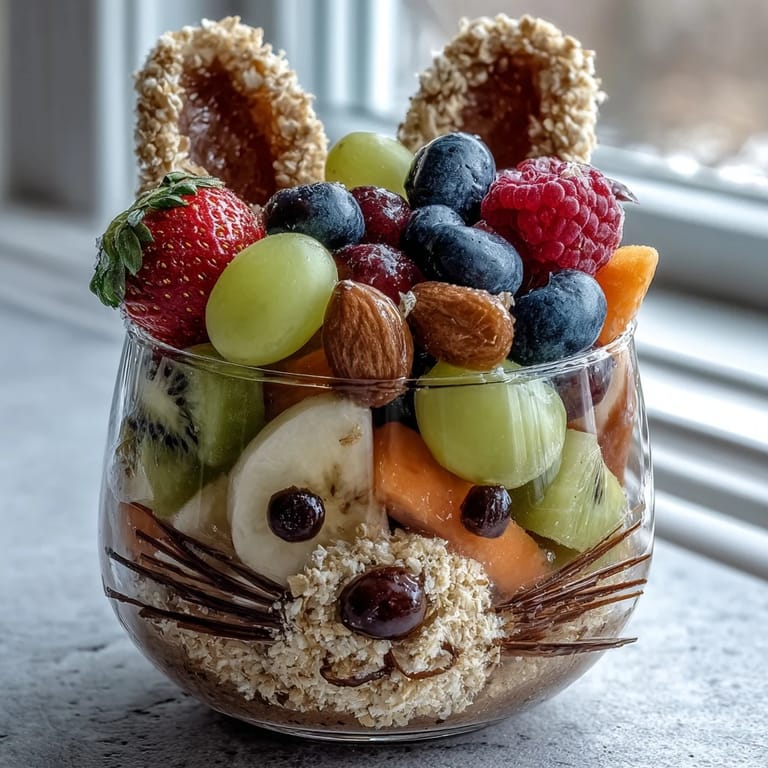 Healthy Bunny Fruit Cups: Colorful fruit cups decorated with marshmallow cheeks and candy eyes, a fun Easter treat for children.