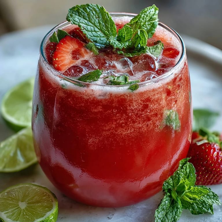 Vibrant non-alcoholic drink featuring sliced strawberries, zesty citrus wheels, and cooling mint—ideal for sunny spring afternoons.