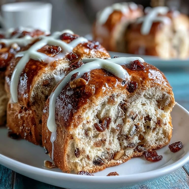 Golden hot cross buns with mixed dried fruit and zesty citrus glaze, ideal for spring gatherings.  
