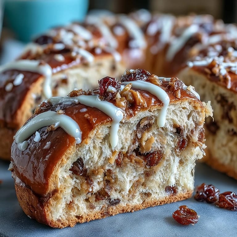 Warm hot cross buns studded with dried fruit, finished with a tangy citrus glaze for a festive treat.