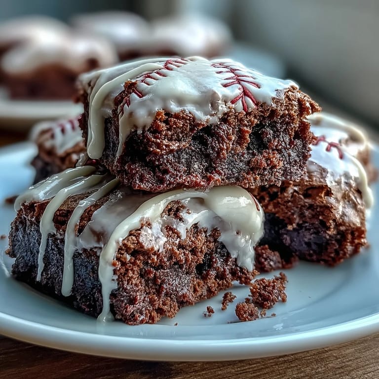 Fudgy brownie bites topped with sweet white icing laces, designed to look like baseballs for fun dessert platters.