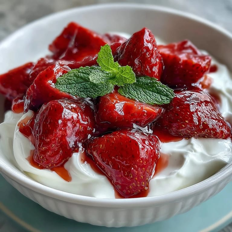 Sweet-tart strawberry compote served over smooth Greek yogurt, topped with a honey drizzle.