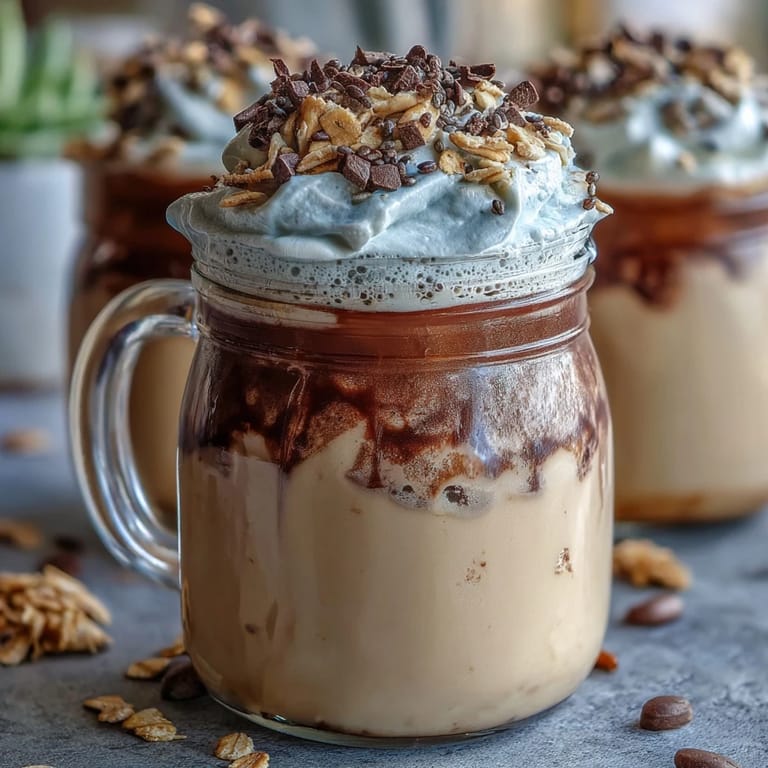 Creamy overnight oats infused with vanilla bean and layered with coffee, topped with whipped cream and chocolate chips.