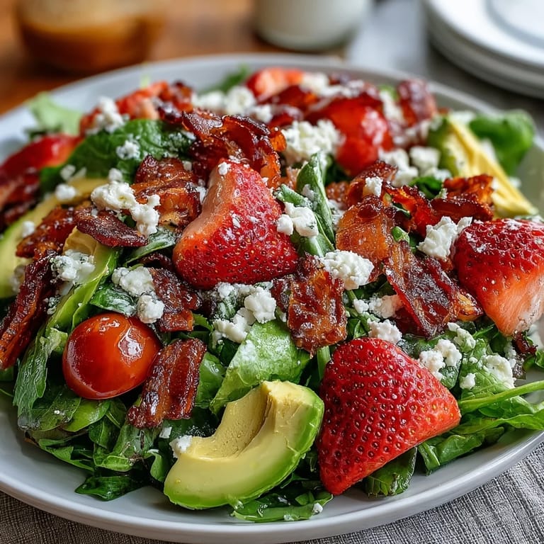 Fresh Spring Cobb Salad with Strawberries and Avocado, featuring colorful rows of veggies, hard-boiled eggs, and savory bacon crumbles.