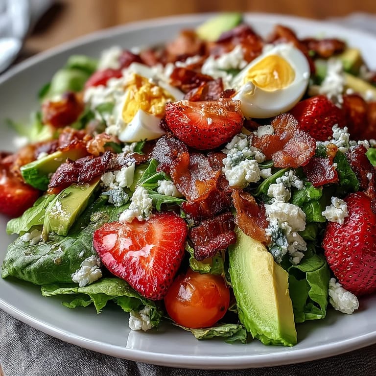 Bright and colorful Spring Cobb Salad with Strawberries and Avocado, topped with fresh strawberries, diced avocado, and tangy feta cheese.