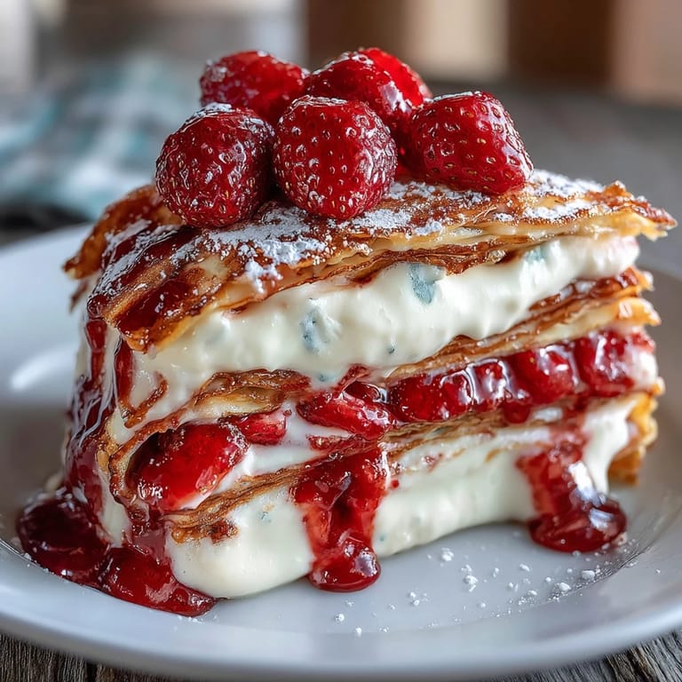 Layered strawberry crepe cake featuring delicate crepes stacked with creamy vanilla filling and juicy strawberries, ideal for celebrations.