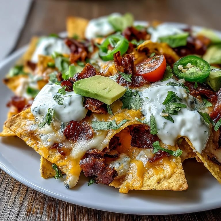 Golden tortilla chips baked to perfection, loaded with smoky cheese sauce and vibrant toppings, making these nachos a must-have for any game day gathering.