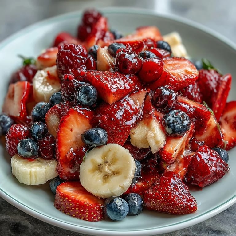 Patriotic red, white, and blue fruit skewers arranged in American flag design for Fourth of July celebration.