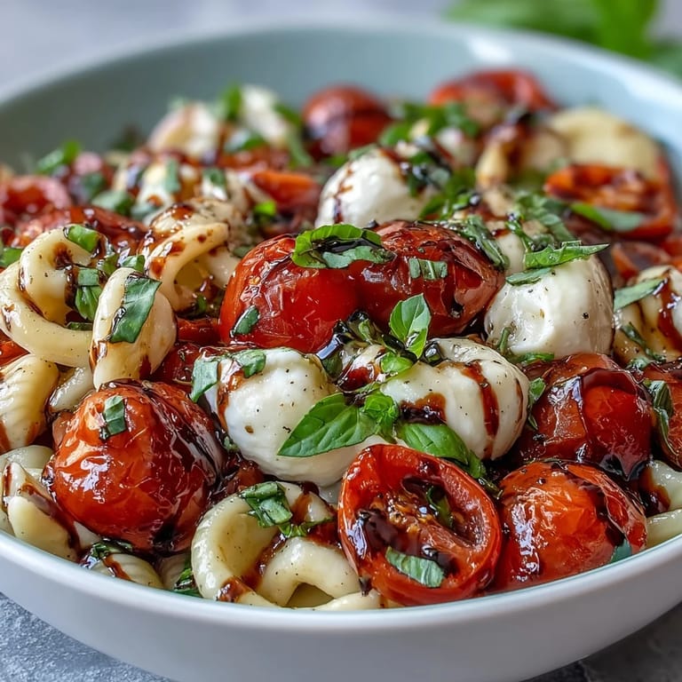 Colorful Caprese-style pasta salad featuring al dente penne, creamy mozzarella, and fragrant basil leaves tossed with olive oil.